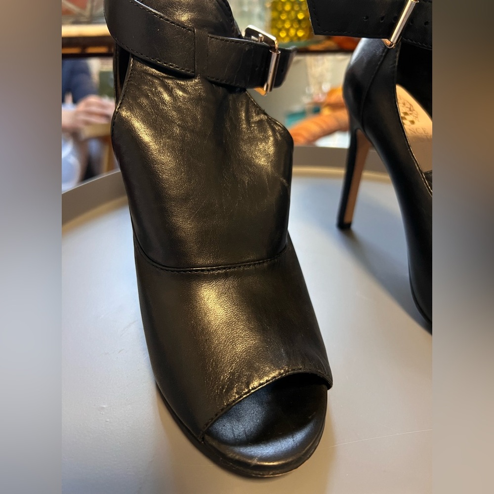 Vince Camuto Black Leather Peep-Toe Ankle-Strap Stilettos - Picture 11 of 16